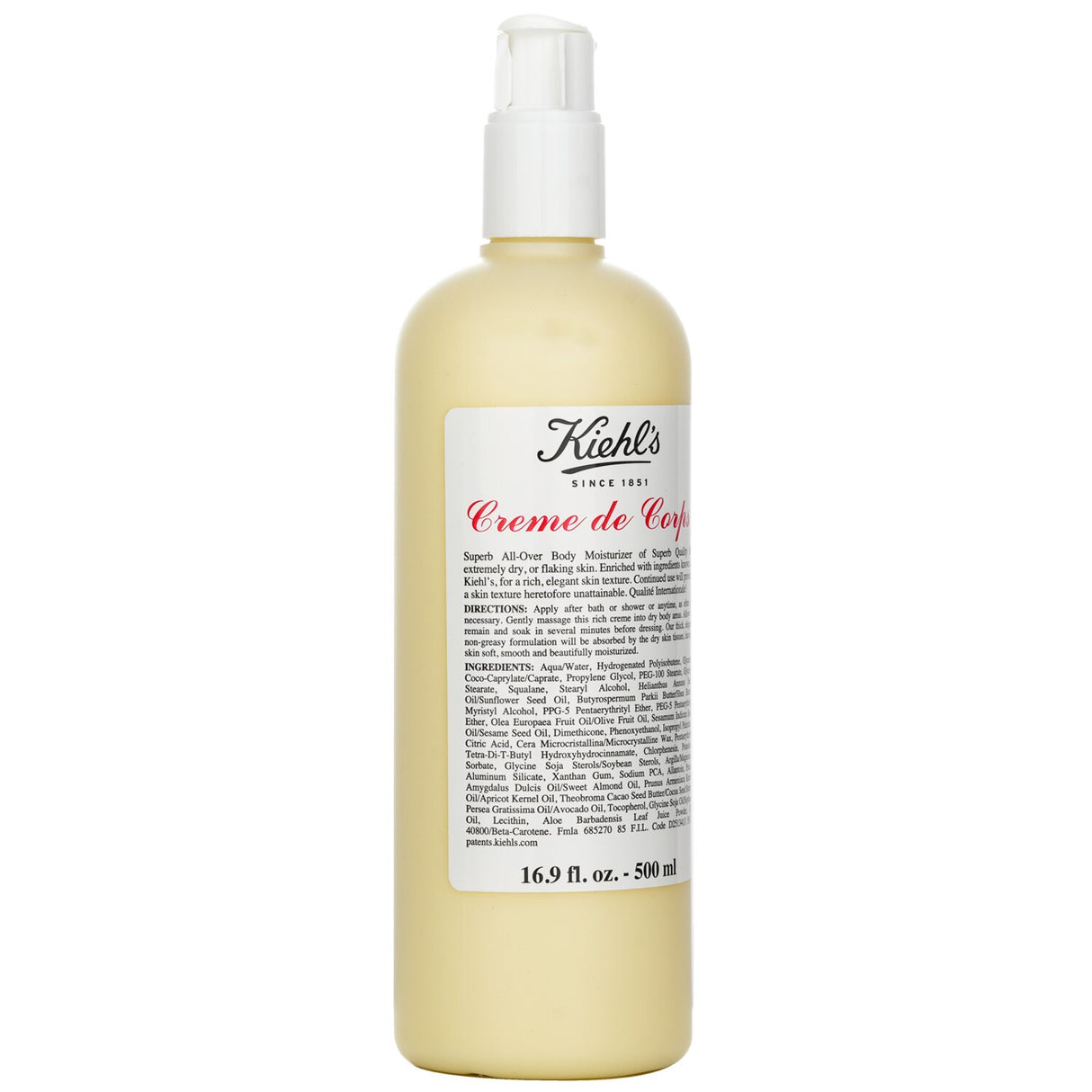 Luxury Kiehl's Creme De Corps Body Moisturizer in 500ml pump, perfect for softening extremely dry skin with a non-greasy formula.