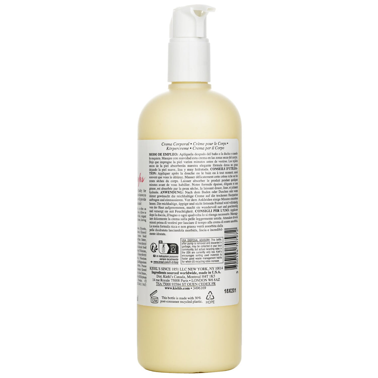 Luxurious Kiehl's Creme De Corps Body Moisturizer with Pump, 500ml for ultimate hydration and softness for dry skin.