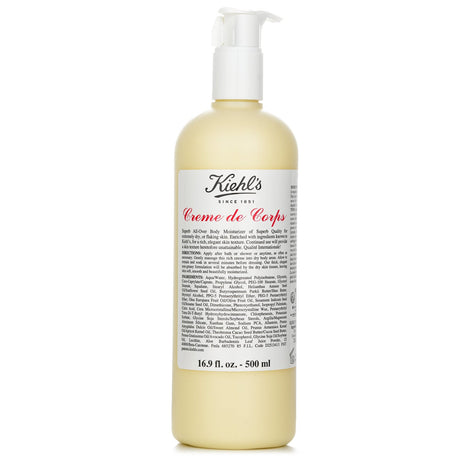 Kiehl's Creme De Corps Body Moisturizer in 500ml with pump, designed for deep hydration and soft, velvety skin.