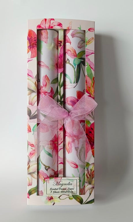 Elegant Magnolia drawer liners in a double set, perfect for protecting and styling kitchen or office drawers.