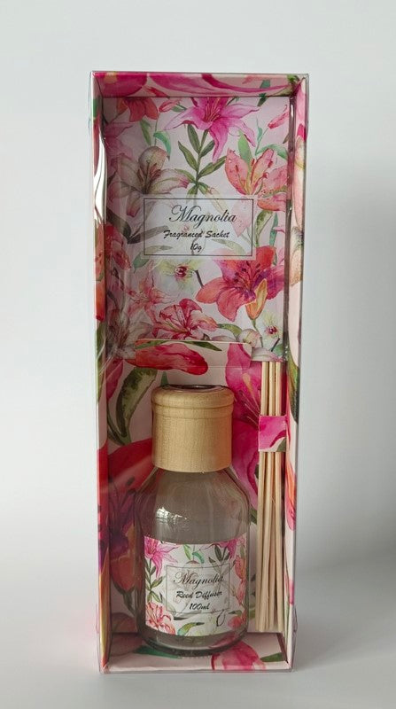 Magnolia Reed Diffuser 100ml with 6 reeds, providing a smoke-free, continuous floral fragrance for a soothing ambiance.