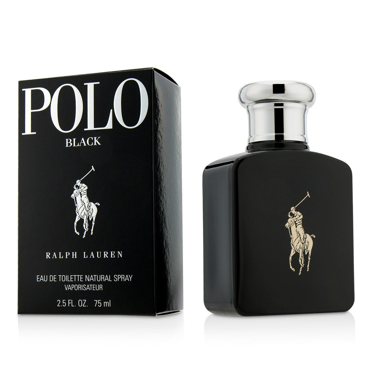 Ralph Lauren Polo Black Eau De Toilette Spray in 75ml, a bold fragrance with notes of mango, armoise, and patchouli noir.