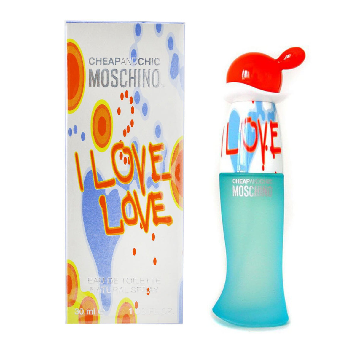 Moschino I Love Love Eau De Toilette Spray, a 30ml citrus floral fragrance, perfect for modern women seeking lightness and joy.