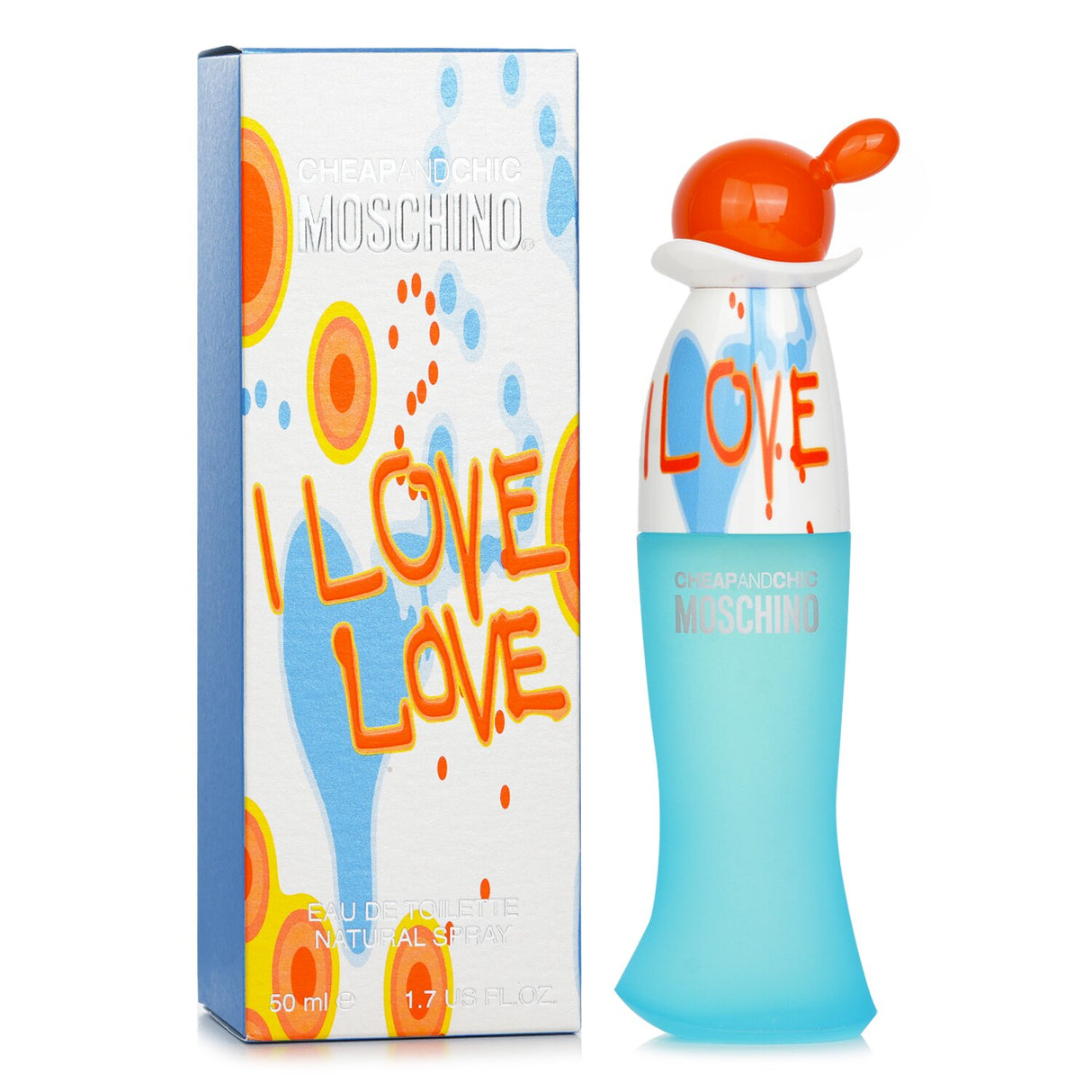 Moschino I Love Love Eau De Toilette Spray in a chic 50ml bottle, featuring vibrant citrus floral notes for a refreshing fragrance.