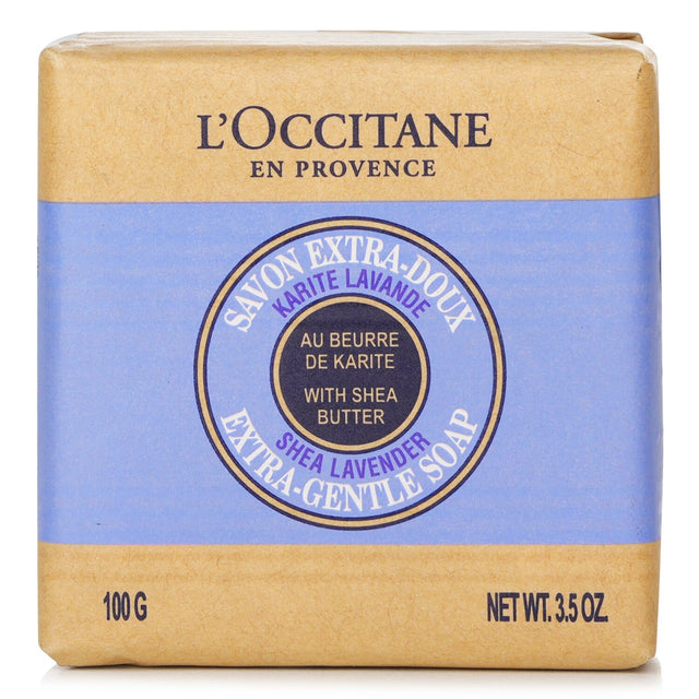 L'Occitane Lavender Shea Butter Soap bar, 100g, offers gentle cleansing and moisturizing for all skin types with a relaxing scent.