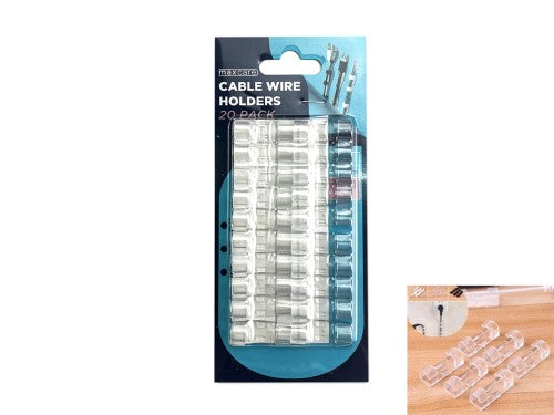 Self-adhesive cable holders for organizing cords, 20 pieces per pack, ideal for a clutter-free workspace.