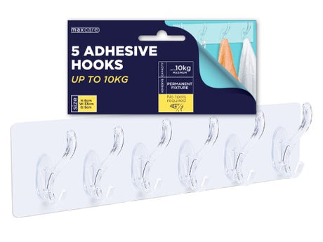 Maxcare 5 Hooks Adhesive set of 12, 33cm long, each holding up to 10kg for versatile, space-saving organization.