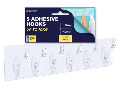 Maxcare 5 Hooks Adhesive set of 12, 33cm long, each holding up to 10kg for versatile, space-saving organization.