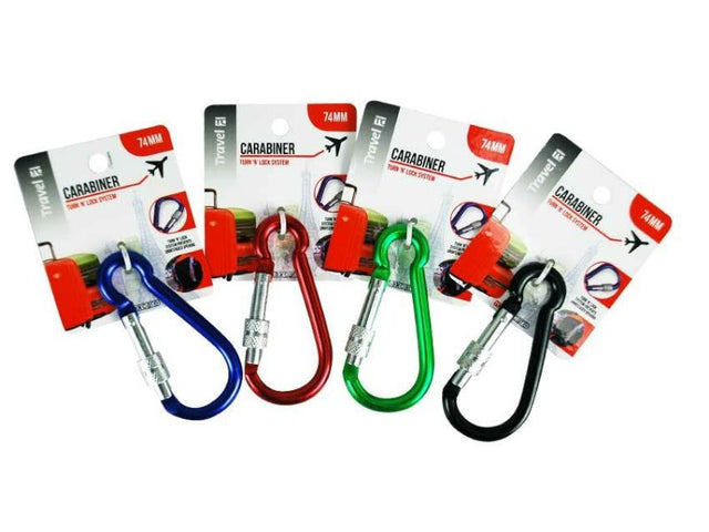 Colorful 74mm turn-and-lock carabiners for secure attachment of gear, keys, and crafts; 24 assorted units for versatile use.