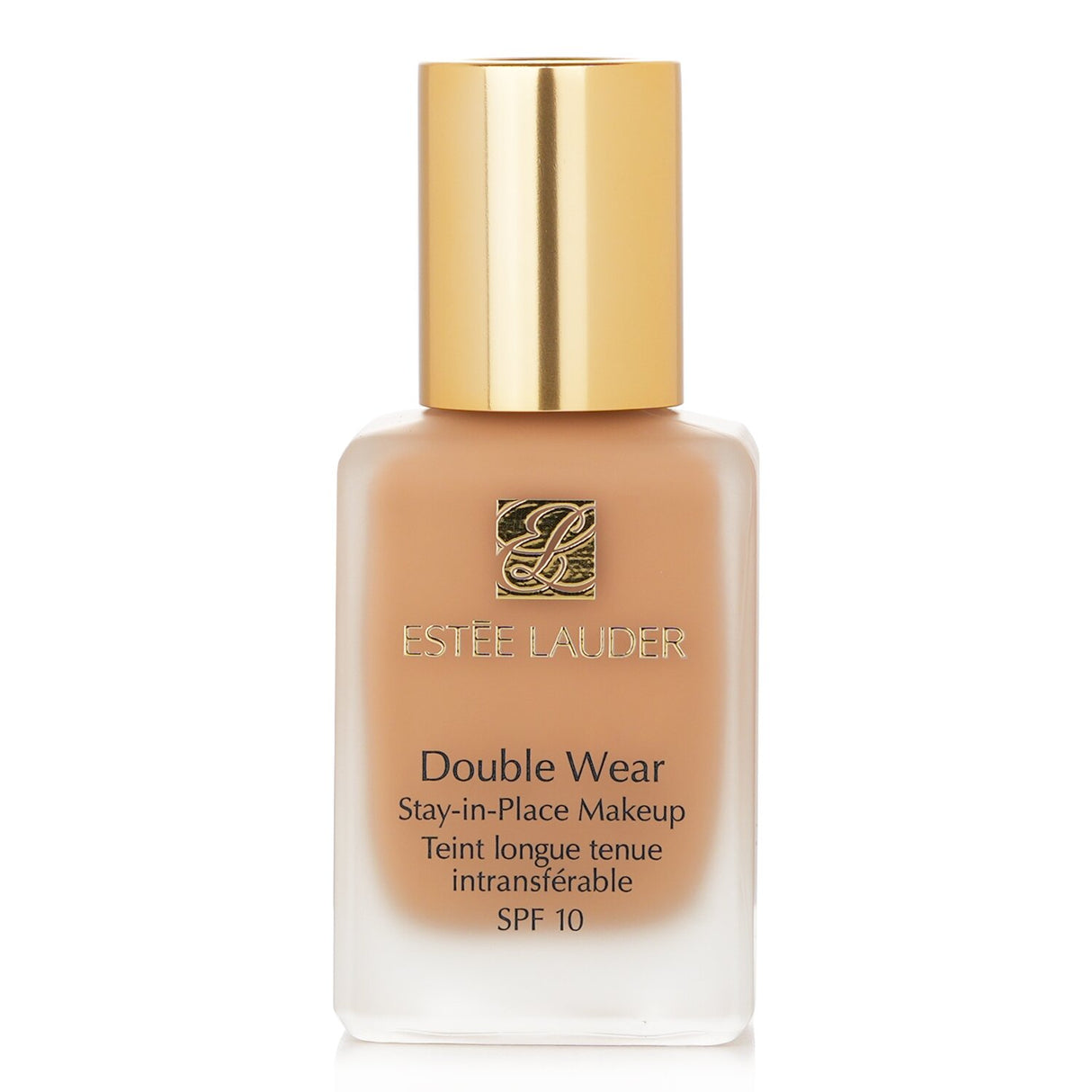 Estee Lauder Double Wear foundation in Shell Beige, offering medium coverage, semi-matte finish, and SPF 10 protection.