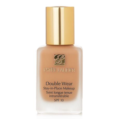 Estee Lauder Double Wear foundation in Shell Beige, offering medium coverage, semi-matte finish, and SPF 10 protection.