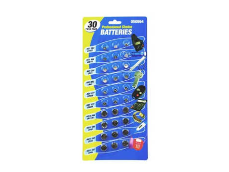 Assorted button battery pack with 30 pieces, perfect for powering remote controls, toys, watches, and more.