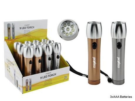Set of 12 MAXCEL Aluminum LED torches, durable and portable, perfect for outdoor adventures and emergency use.
