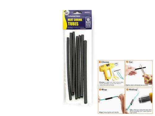 Heat Shrink Tube - Professional Choice Black, 10 per pack, 24 packs; durable, moisture-resistant, ideal for wiring insulation.