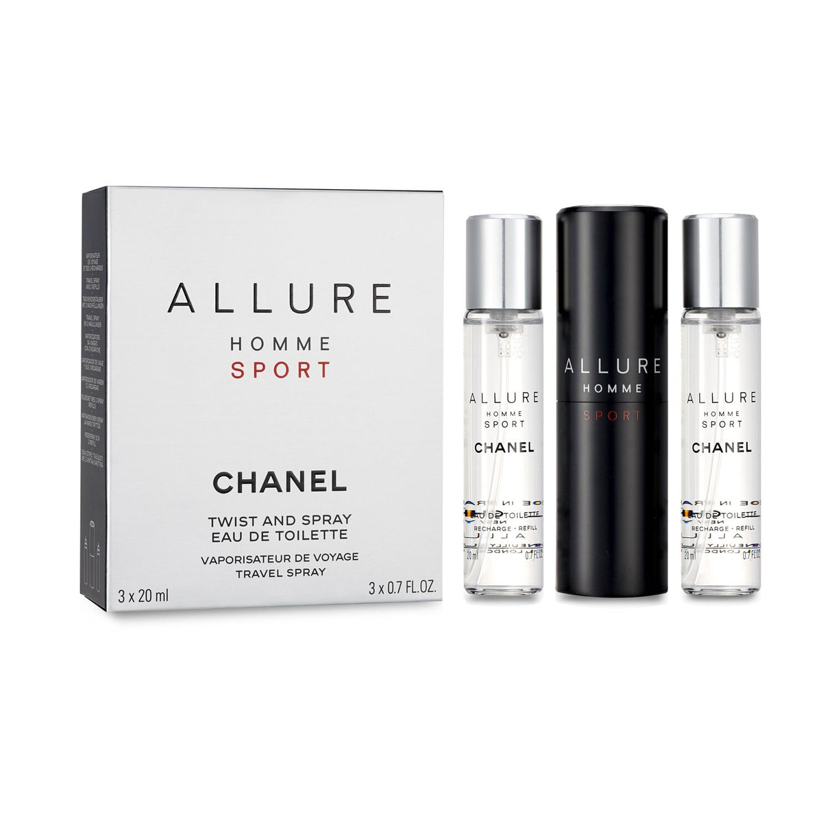 Chanel Allure Homme Sport Travel Spray with two refills, featuring refreshing citrus notes for the active man on-the-go.