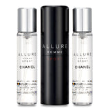 Travel-sized Chanel Allure Homme Sport Eau De Toilette spray with two refills, features citrus notes for active men.