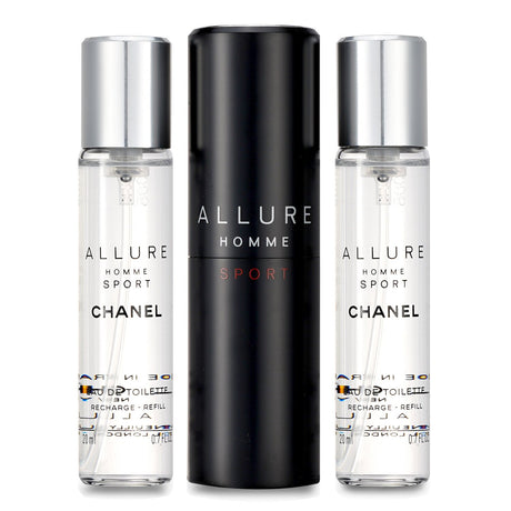 Travel-sized Chanel Allure Homme Sport Eau De Toilette spray with two refills, features citrus notes for active men.