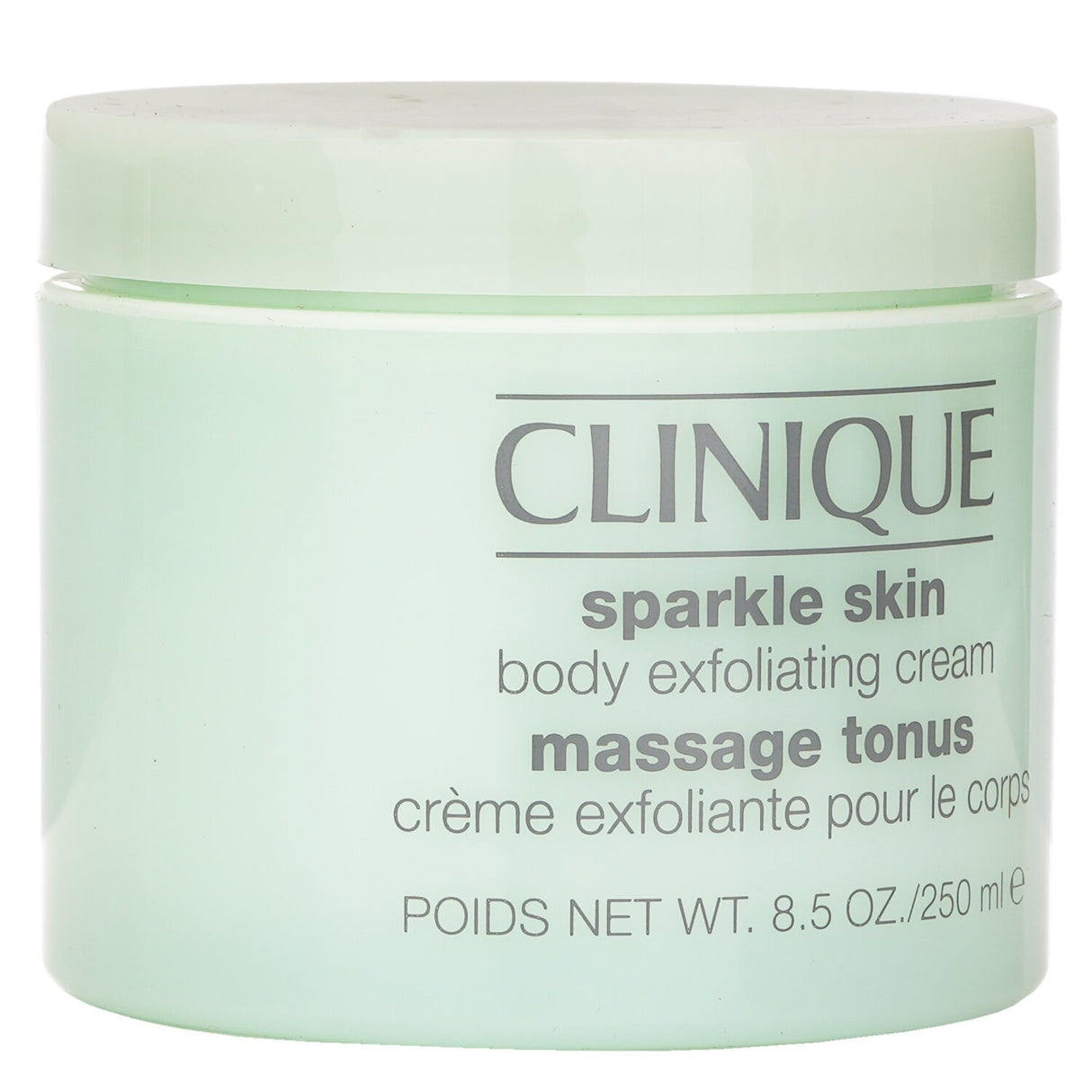 Clinique Sparkle Skin Exfoliating Cream in a 250ml jar, designed for radiant, smooth skin and effective pore cleansing.