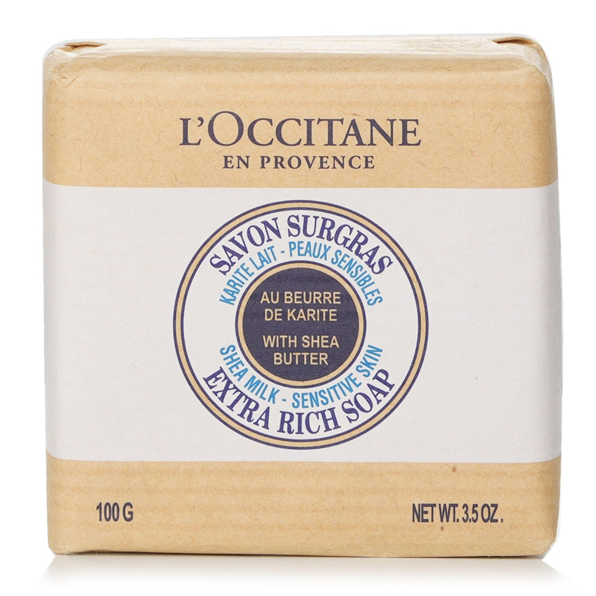 L'Occitane Shea Butter Extra Gentle Soap in Milk, 100g, nourishes, cleanses, and hydrates all skin types with a soothing scent.