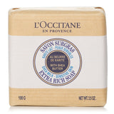 L'Occitane Shea Butter Extra Gentle Soap in Milk, 100g, nourishes, cleanses, and hydrates all skin types with a soothing scent.