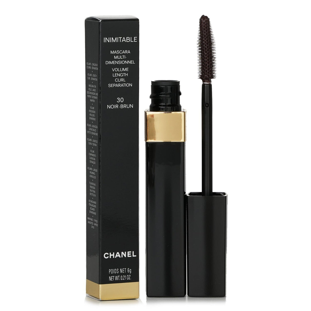 Chanel Inimitable Multi-Dimensional Mascara #30 Noir-Brun showcasing an innovative brush for volume, length, and curl.