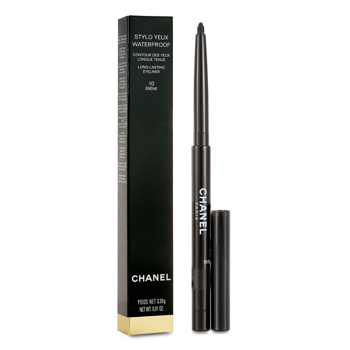 Chanel Stylo Yeux Waterproof eyeliner in #10 Ebene offers a deep black, long-lasting line that resists smudging and water.