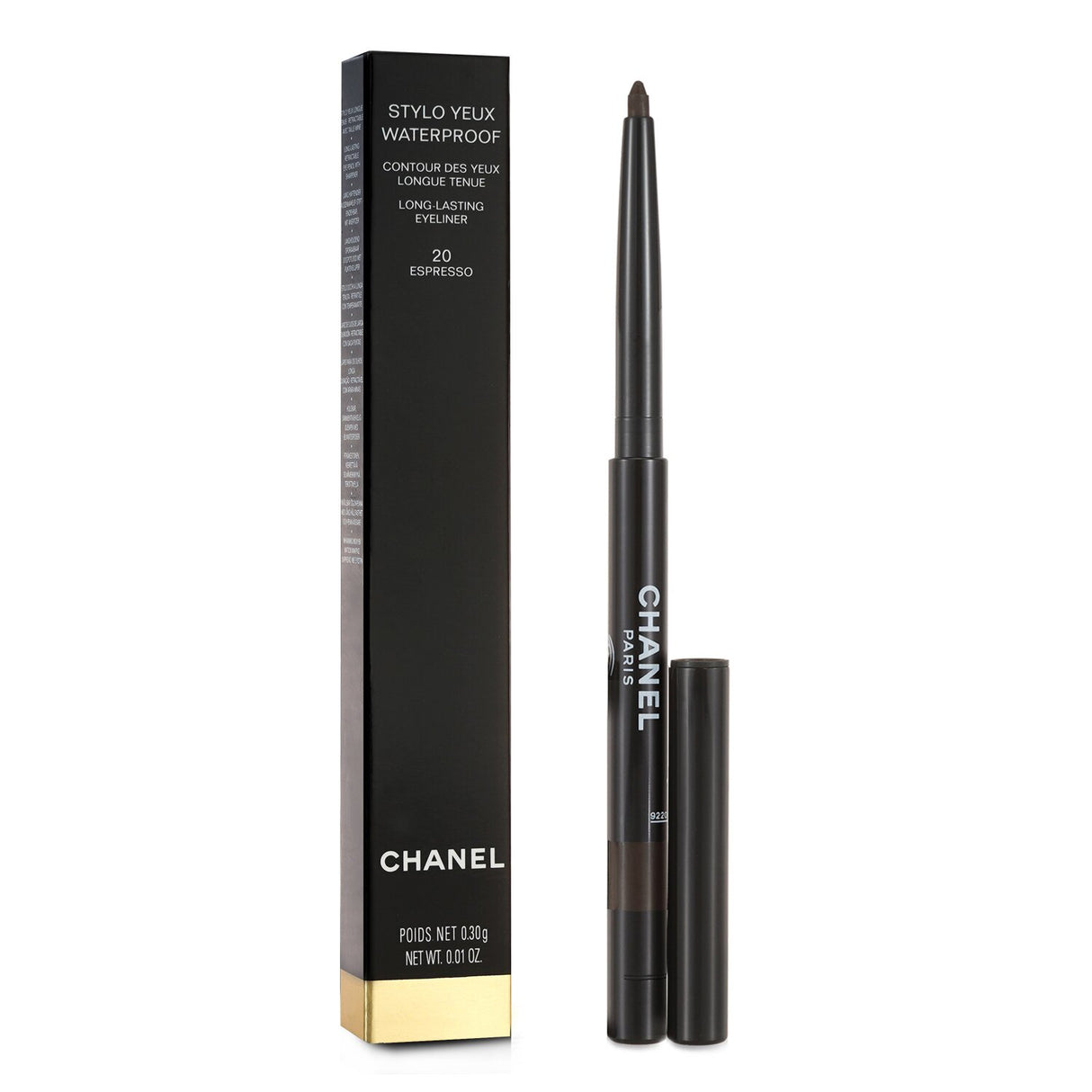 Chanel Stylo Yeux Waterproof eyeliner in #20 Espresso, a long-lasting, waterproof, and smudge-proof makeup essential.