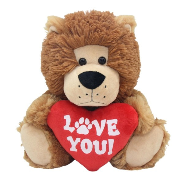 Soft Plush Toy -  Lovable Lion. Sitting Lion Holding Red Heart  LOVE YOU.