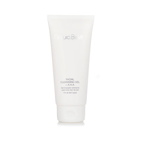 Oil-free foaming gel cleanser with AHA, removing impurities, exfoliating, and hydrating for clear, revitalized skin.