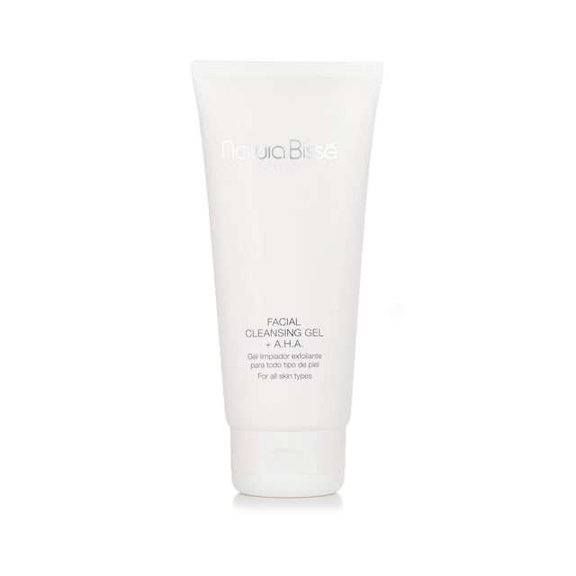 Oil-free foaming gel cleanser with AHA, removing impurities, exfoliating, and hydrating for clear, revitalized skin.