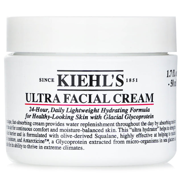 Kiehl's Ultra Facial Cream 50ml, a lightweight moisturizer providing 24-hour hydration for smooth, supple skin.