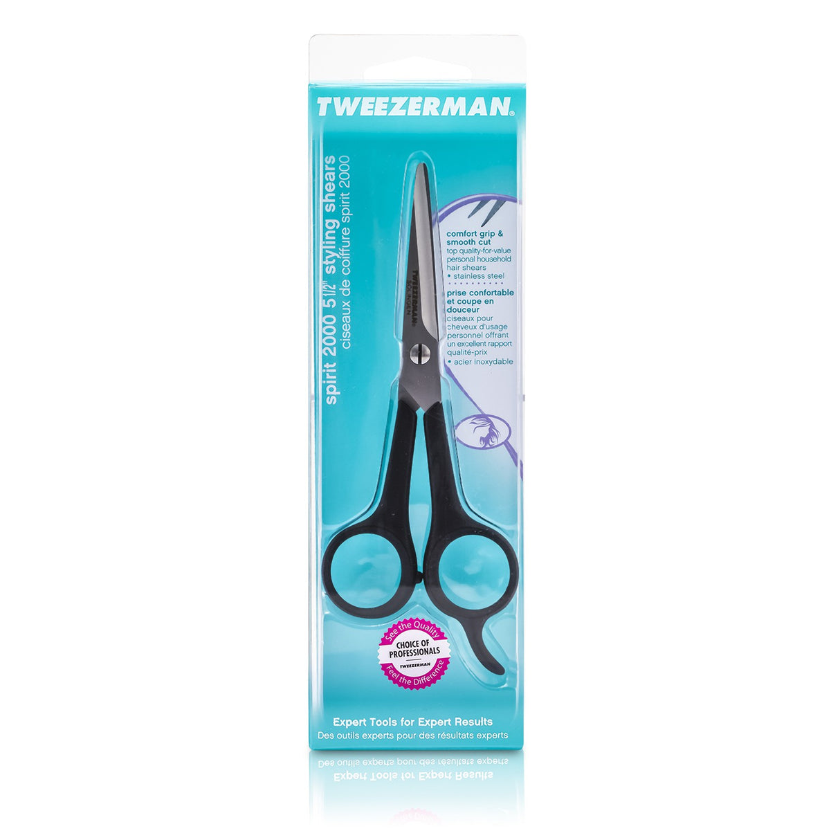 Tweezerman Spirit 2000 Styling Shears with sharp stainless steel blades and ergonomic handle for precise hair cutting.