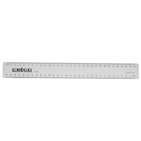 Durable 30cm Celco ruler with clear imperial and metric markings, ideal for students and DIY enthusiasts.