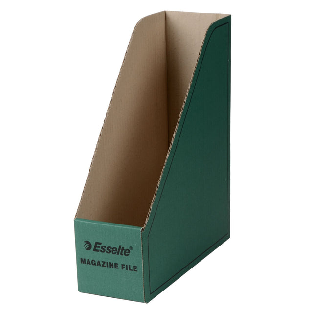 Vibrant green Esselte magazine file, made of durable cardboard, perfect for organizing documents and enhancing workspace aesthetics.