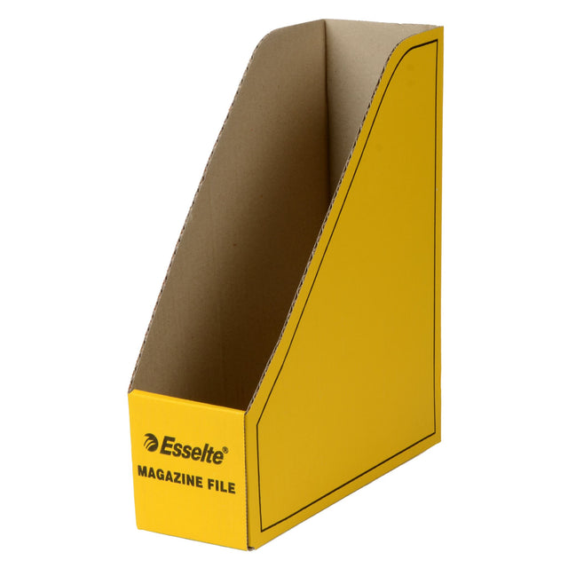 Vibrant yellow Esselte Magazine File, a sturdy cardboard organizer for magazines and documents, perfect for home or office.