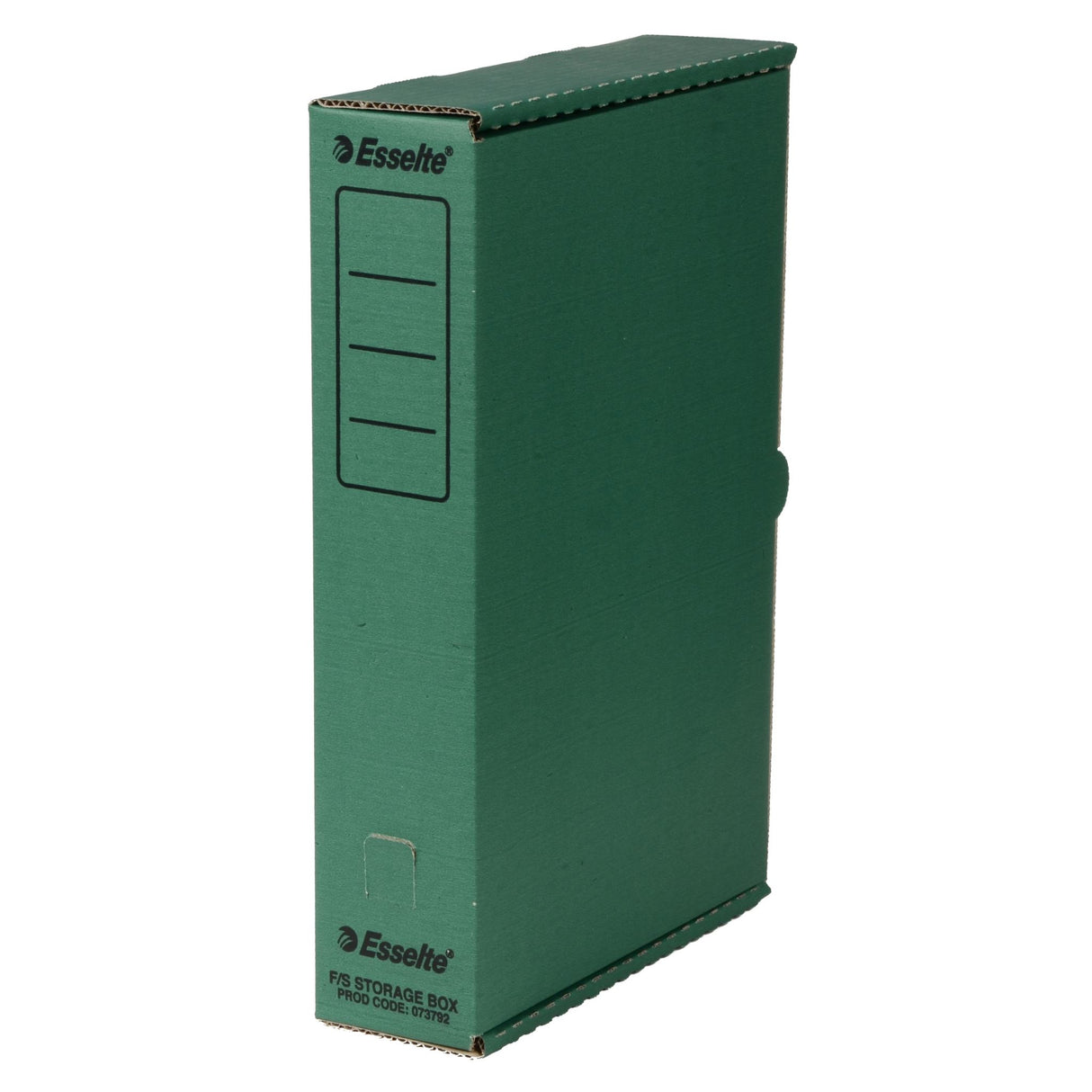 Vibrant green ESSELTE storage box for A4/foolscap papers with spine panel and thumb hole for easy access, made from 71% recycled materials.