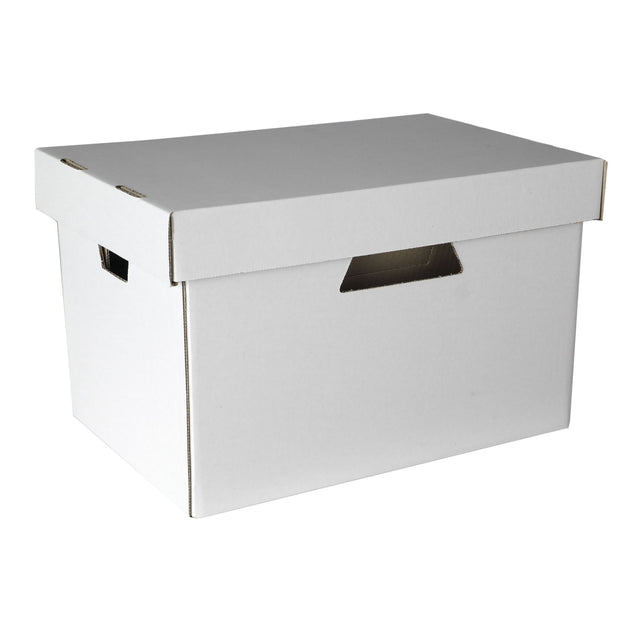 White Esselte archive box for suspension files, easy to assemble, made from 71% recycled material, and color code your filing.