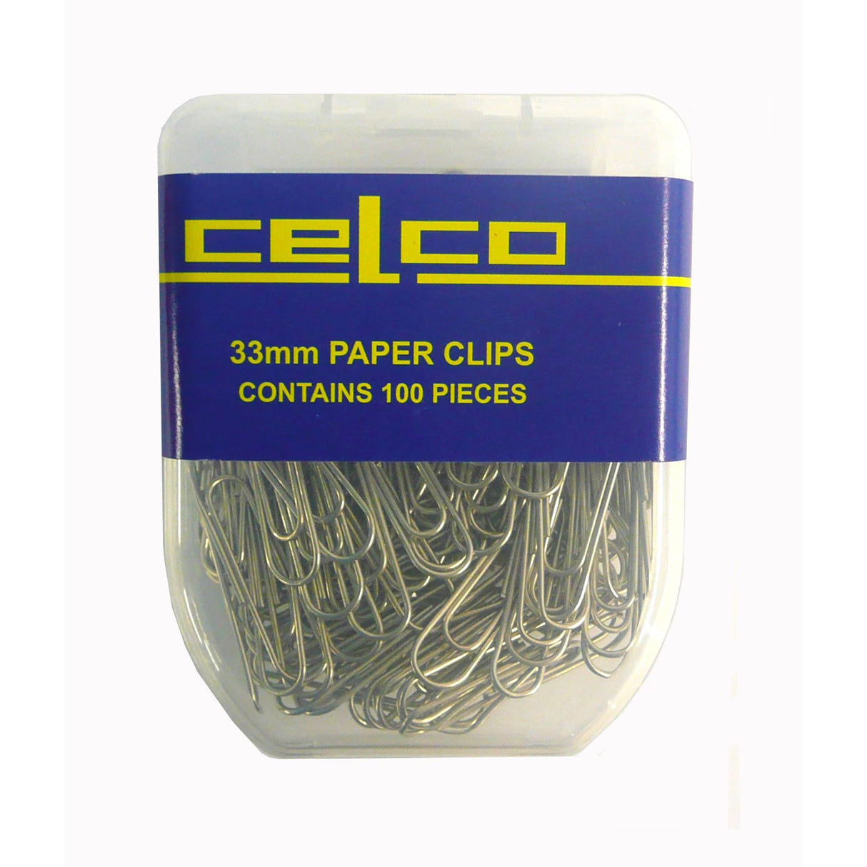 Celco Round Paper Clips in a pack of 100, durable 33mm clips made from heavy steel wire for organizing documents.