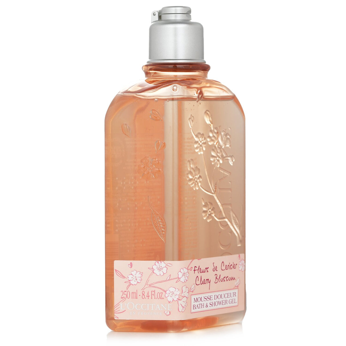 L'Occitane Cherry Blossom Bath & Shower Gel in 250ml, delivers rich foam and floral fragrance for a soothing, hydrating cleanse.