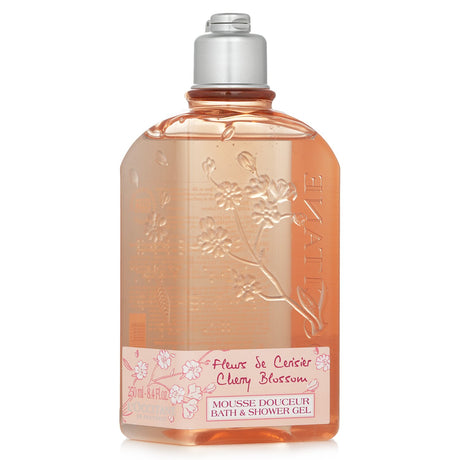 L'Occitane Cherry Blossom Bath & Shower Gel in a 250ml bottle, offers a floral scent while gently cleansing and hydrating skin.