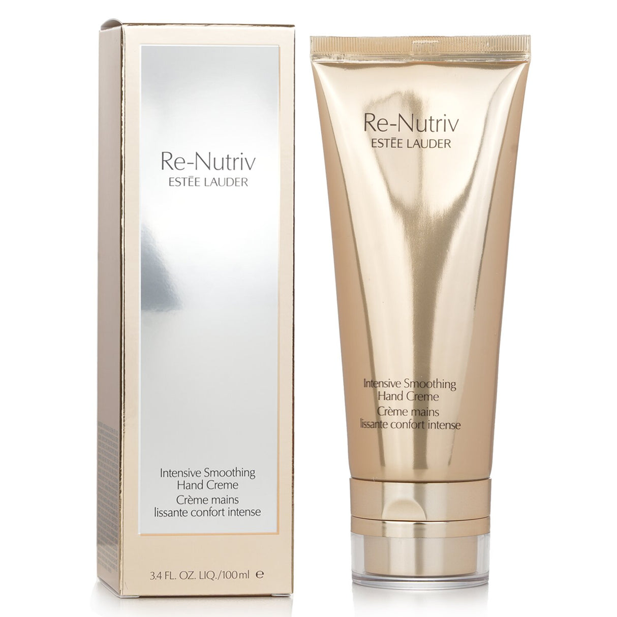 Estee Lauder Re-Nutriv hand cream in a 100ml tube, deeply hydrates and smoothens hands for a youthful appearance.