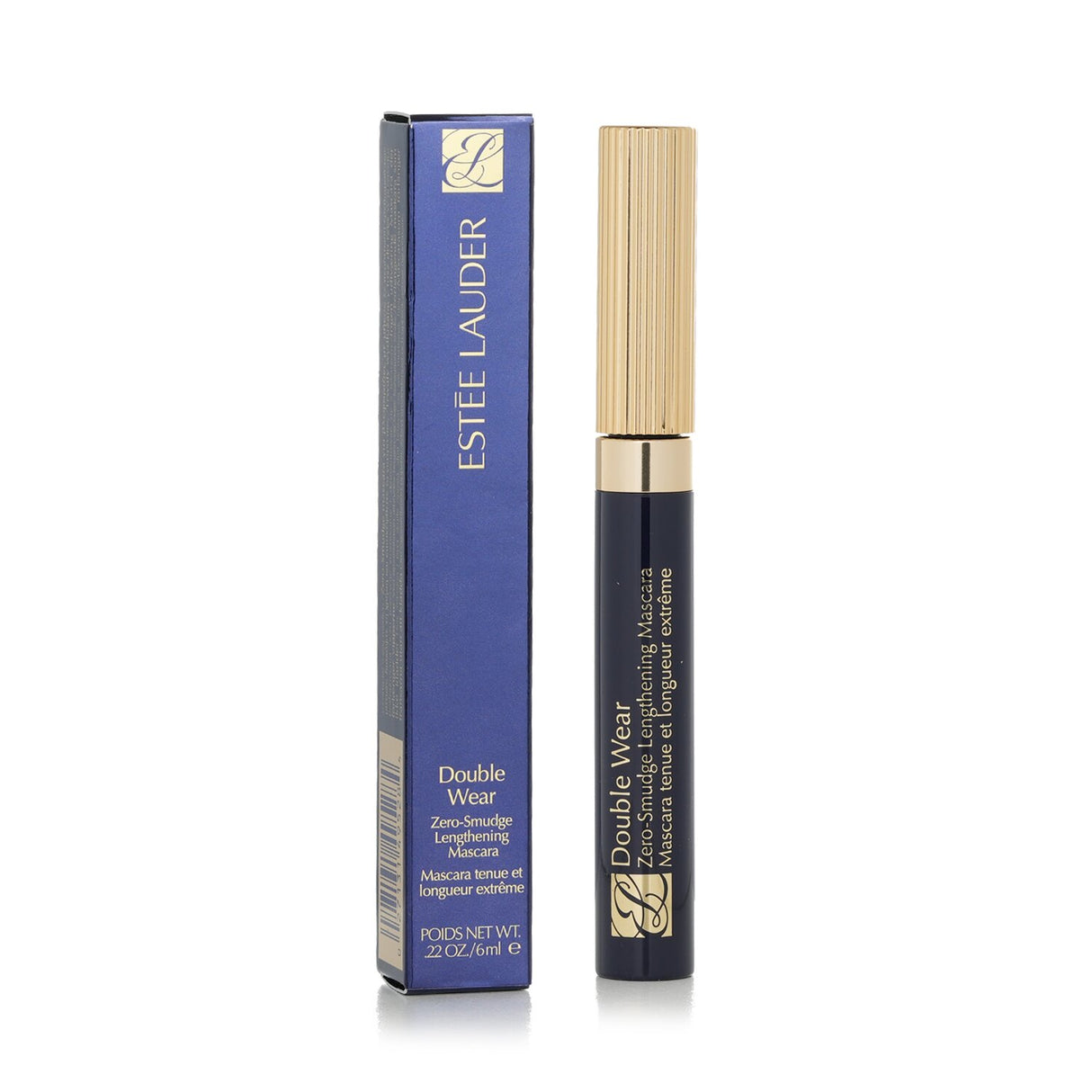 Estee Lauder Double Wear mascara in #01 Black, offering 15-hour smudge-free wear, volume, and defined lashes.