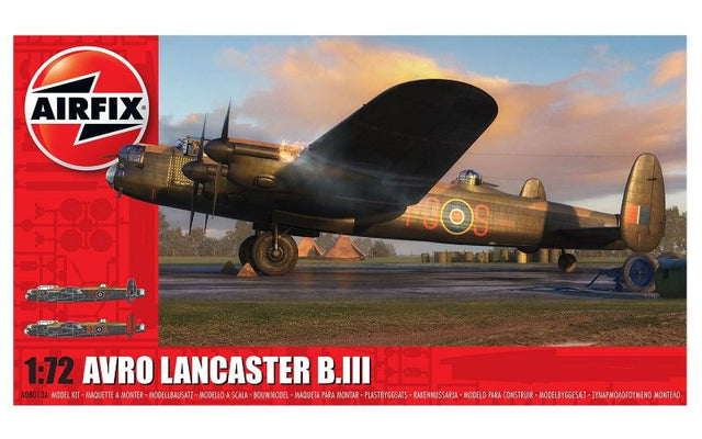 Airfix 1/72 Avro Lancaster B.III model kit showcasing WWII's iconic heavy bomber with authentic paint schemes and detailed design.