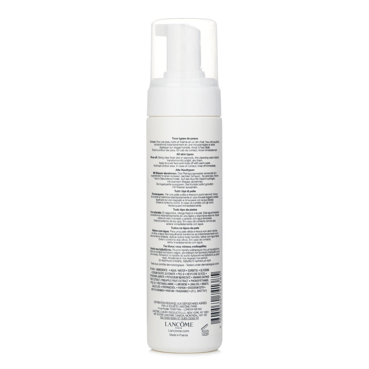 Self-foaming cleanser in a 200ml bottle, gently clarifies skin, removes makeup, and hydrates with papaya and pineapple.