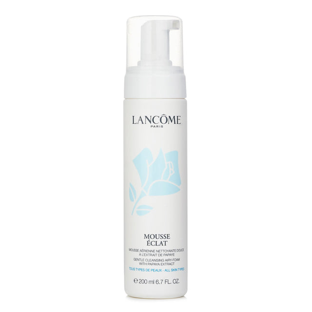 Lancome Mousse Eclat Express, a self-foaming cleanser, transforms to rich foam for gentle, clarifying skin cleansing.