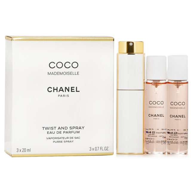 Chanel Coco Mademoiselle Twist & Spray: luxurious floral fragrance in a travel-friendly 3x20ml spray format. Perfect for modern women.