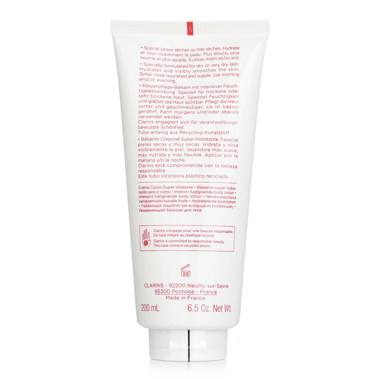 Clarins Moisture Rich Body Lotion with Shea Butter in a 200ml bottle, deeply nourishing and hydrating dry skin.