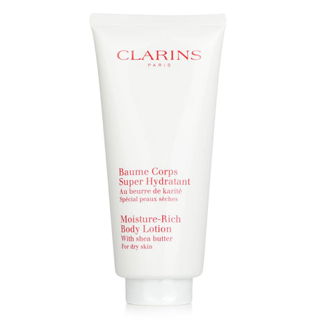 Clarins Moisture Rich Body Lotion with Shea Butter, 200ml, hydrates and nourishes dry skin with natural botanicals and antioxidants.