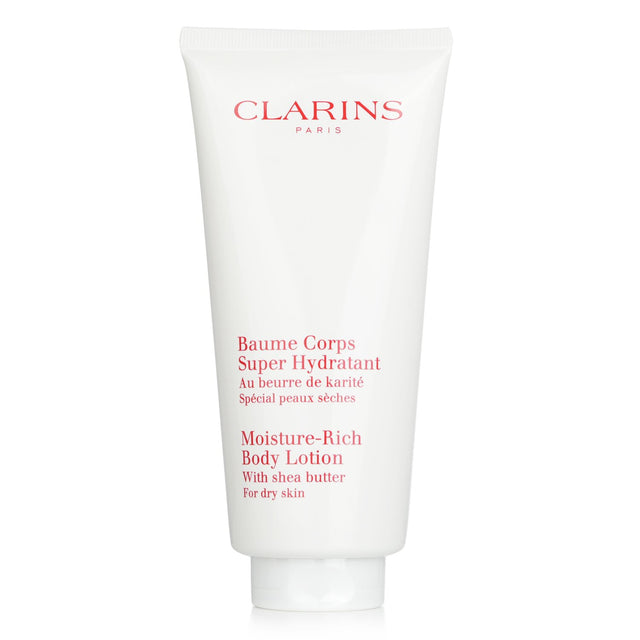 Clarins Moisture Rich Body Lotion with Shea Butter, 200ml, hydrates and nourishes dry skin with natural botanicals and antioxidants.