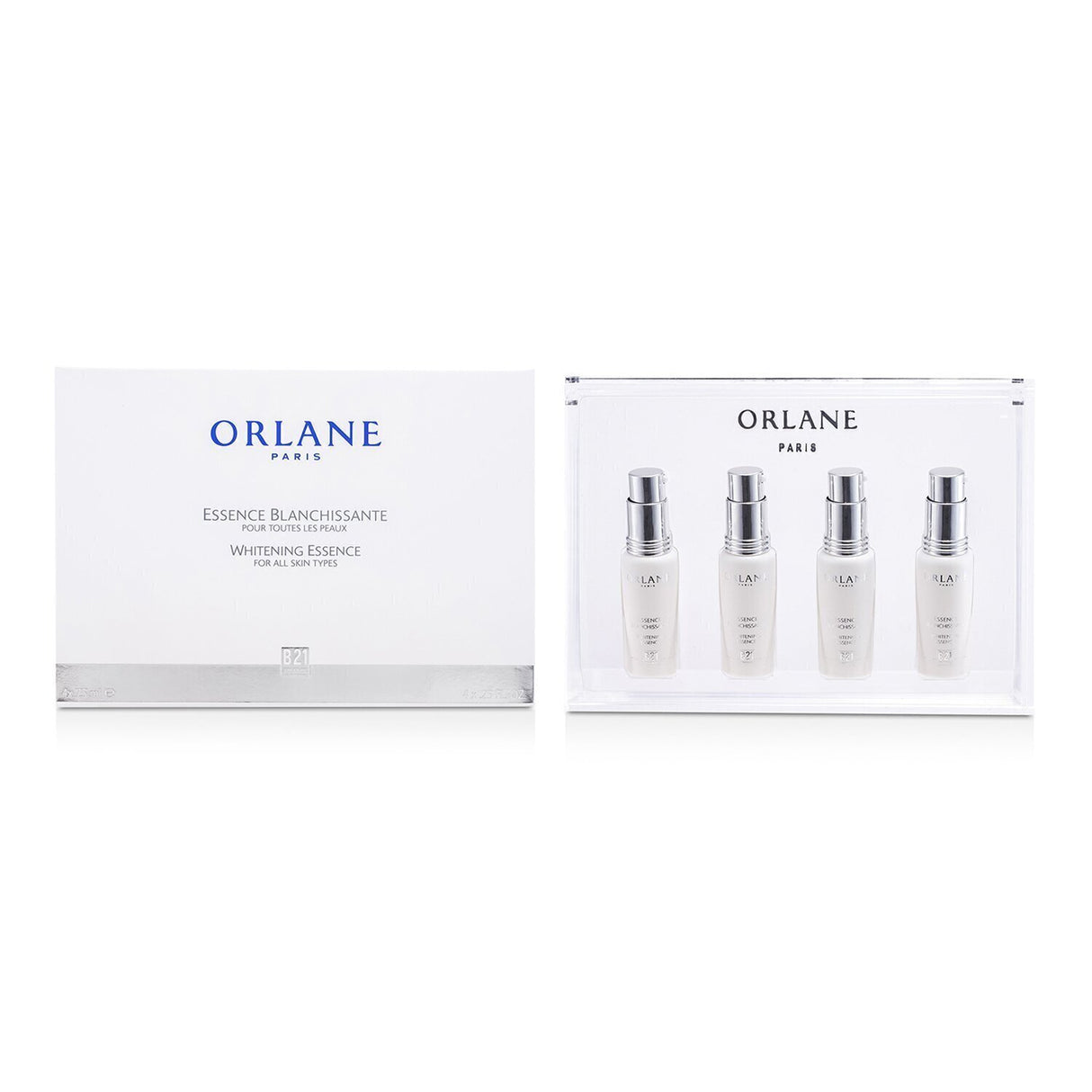 Orlane B21 Whitening Essence in 4x7.5ml, a serum that lightens dark spots and promotes a radiant, even complexion.